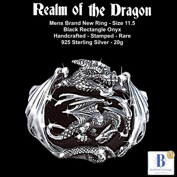 RARE Mens Vtg. Ring .925 Sterling 20gm w/Black Onyx BGE Realm of the Dragon -NEW - Picture 1 of 6